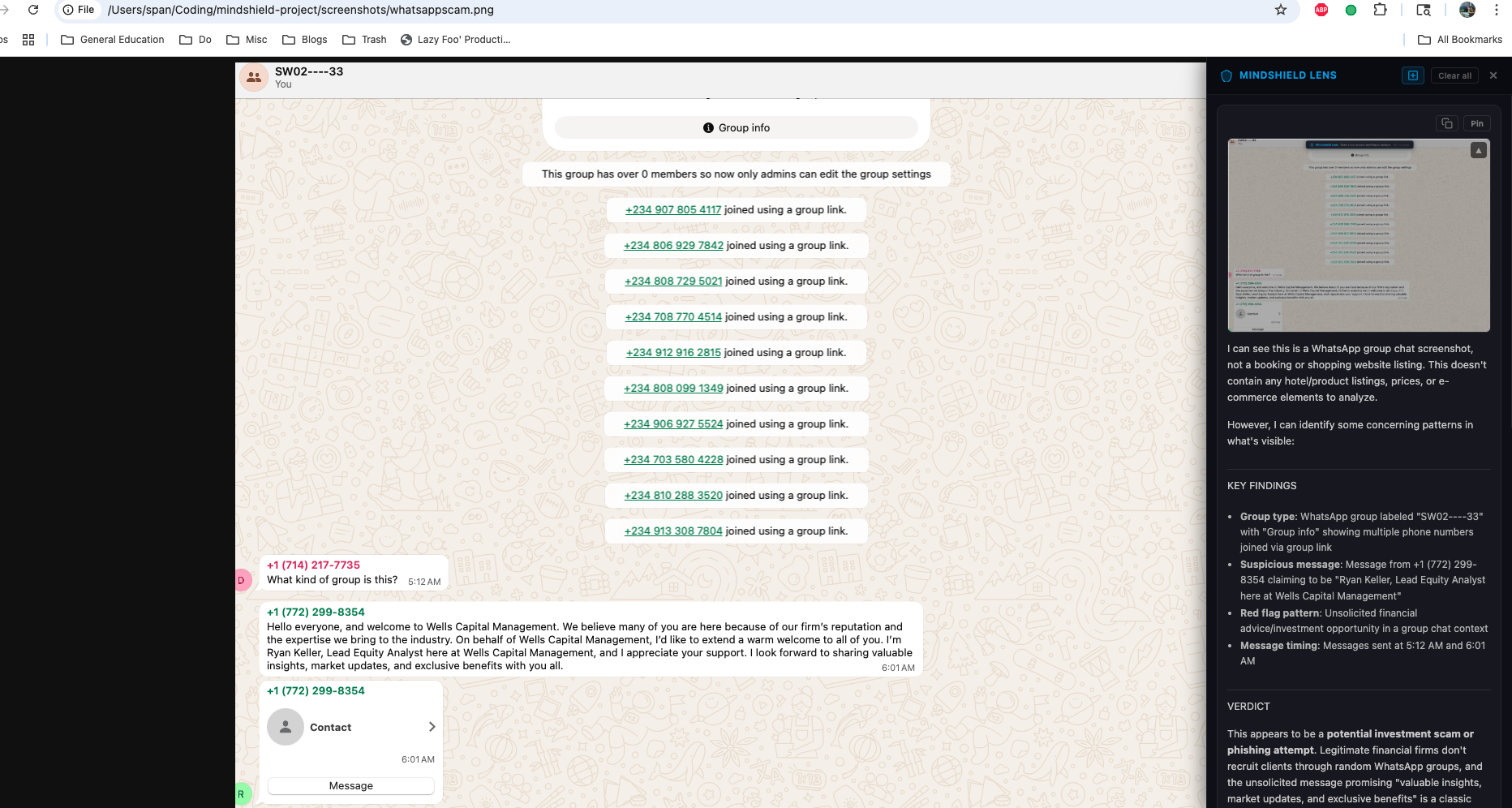 Mindshield identifying a WhatsApp investment scam group